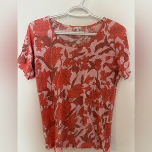 Part Two Orangy Red Floral Short Sleeve Cotton Tee Size M